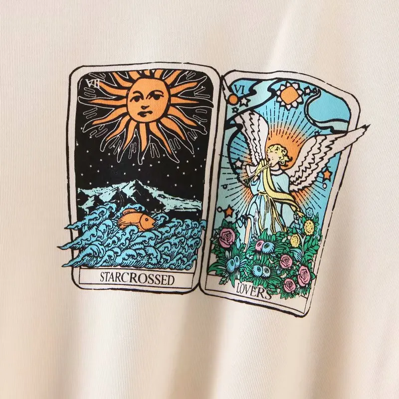 Linjiashop Tarot Card Short Sleeve Cropped Lettuce Hem Sexy Summer T-shirt for Girls O-Neck Graphic Tees Pullovers