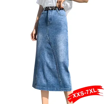 

Plus Size Contrast Design Print High Waist Calf Length Maxi Jeans Skirts 3Xl 5Xl Spring Back Slit White Wash Long Denim Skirt