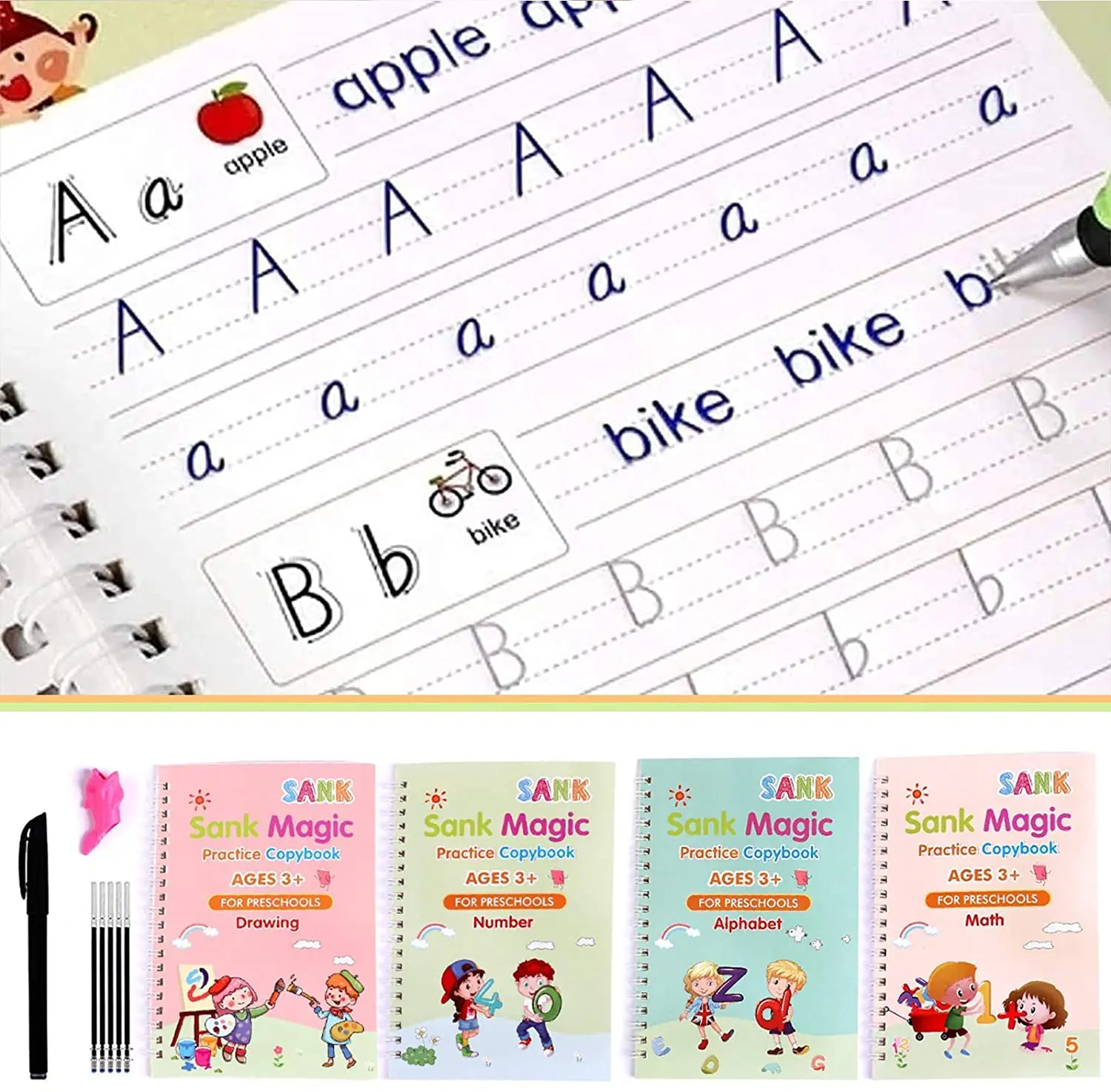 Magic Reusable Practice Copybook for Kids,Magic Reusable Practice Copybook,Practice Copybook for Age 3-5 Calligraphy Simple Hand Lettering Exercise book four sets