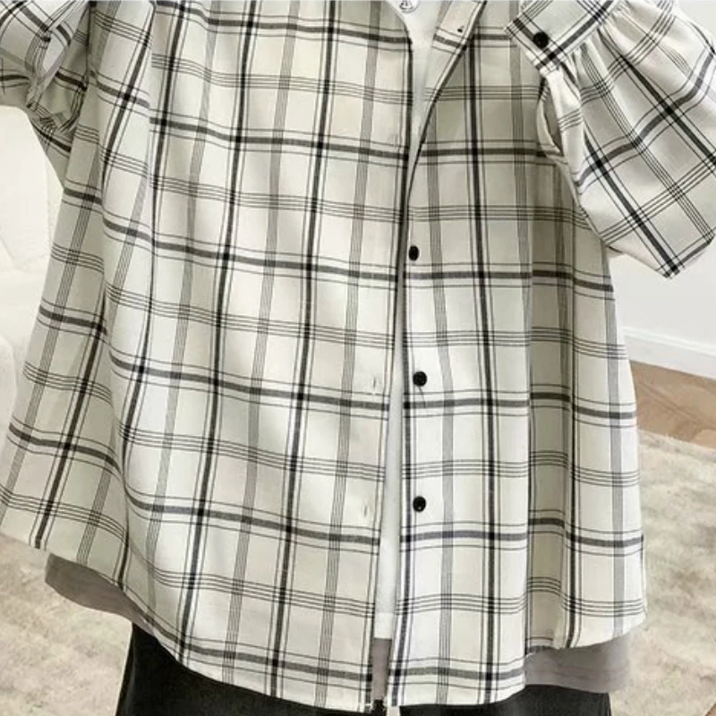 Men Casual Shirts Plaid Single Breasted Long Sleeve Plus Size 3XL Loose Korean Chic Fashion Oversize All-match Thin Outwear BF