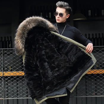 

PViviYong 2019 winter high quality real leather jacket men , Raccoon fur collars mink liner coat men parka PK901