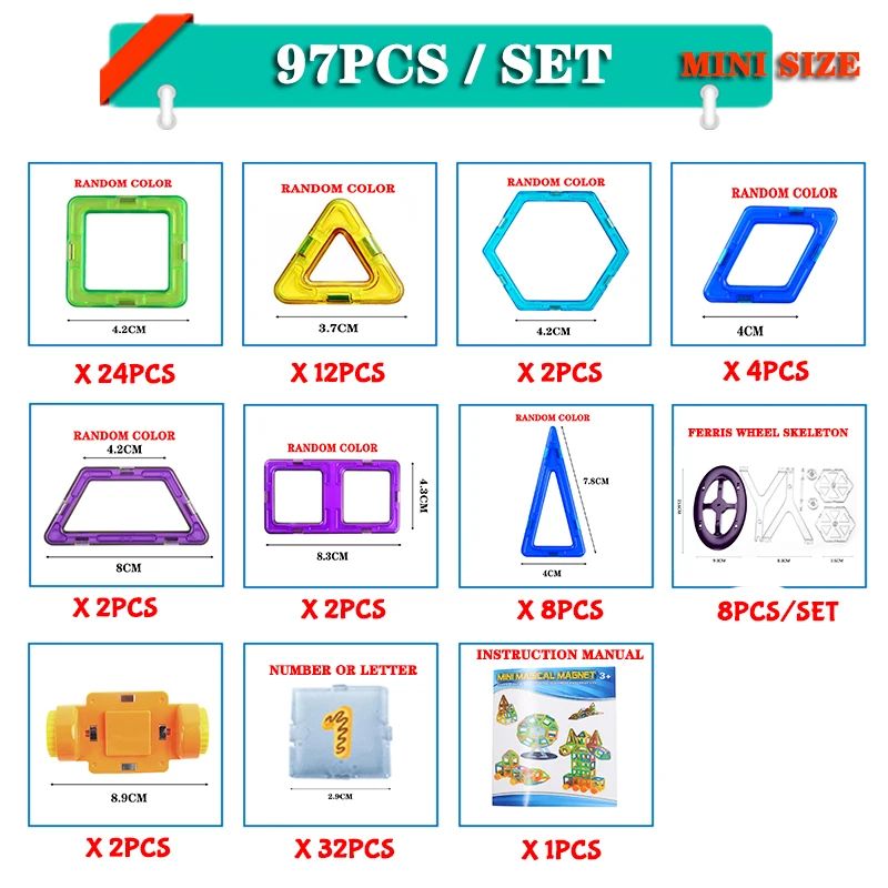 Mini Size 97PCS 97 шт. Мини Размер DIY магнитные блоки Магнитный конструктор дети магнит конструктор для детей подарок развивающие игрушки для детей - Цвет: Mini Size 97PCS