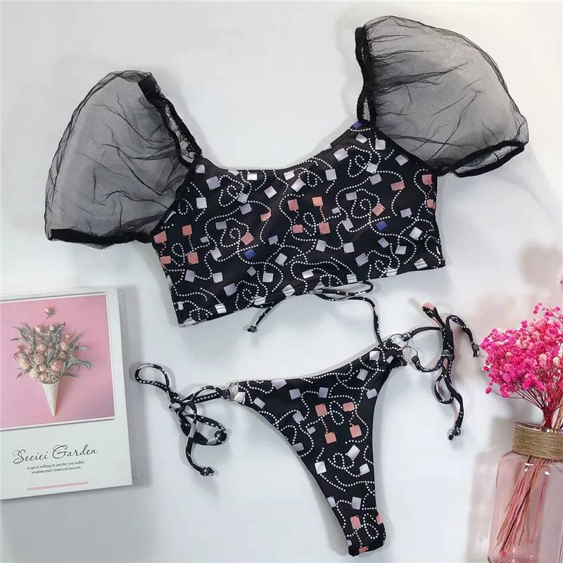 Trendy Bikini Set Lady 2020 Bandage Bikini with Lace Short Sleeve Geometric Print Swimusit Swimwear Women Beachwear Bathing Suit Trendy Bikini Set Lady 2020 Bandage Bikini with Lace Short Sleeve Geometric Print Swimusit Swimwear Women Beachwear Bathing Suit