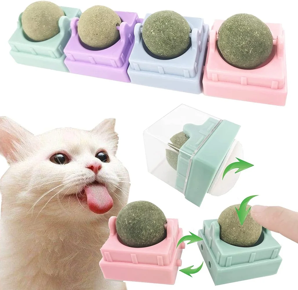 Cat Toy Chew Catnip Mint Balls 4 Pack 360 Rotating Stuff Natural Wall Treat Compressed Spinning Pet Snack Kitty Lickable | Дом и сад