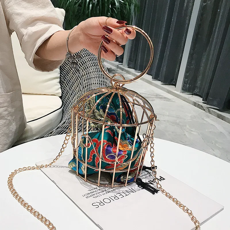 

Golden velvet birdcage shoulder-length disco bag 2019 new shoulder bag fashion portable chain bucket bag