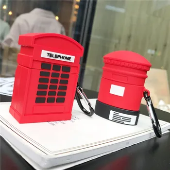 

3D Retro England Telephone Booth Earphone Silicone Case Fashion Headphone Stand Cover for Airpods 2 with Hook