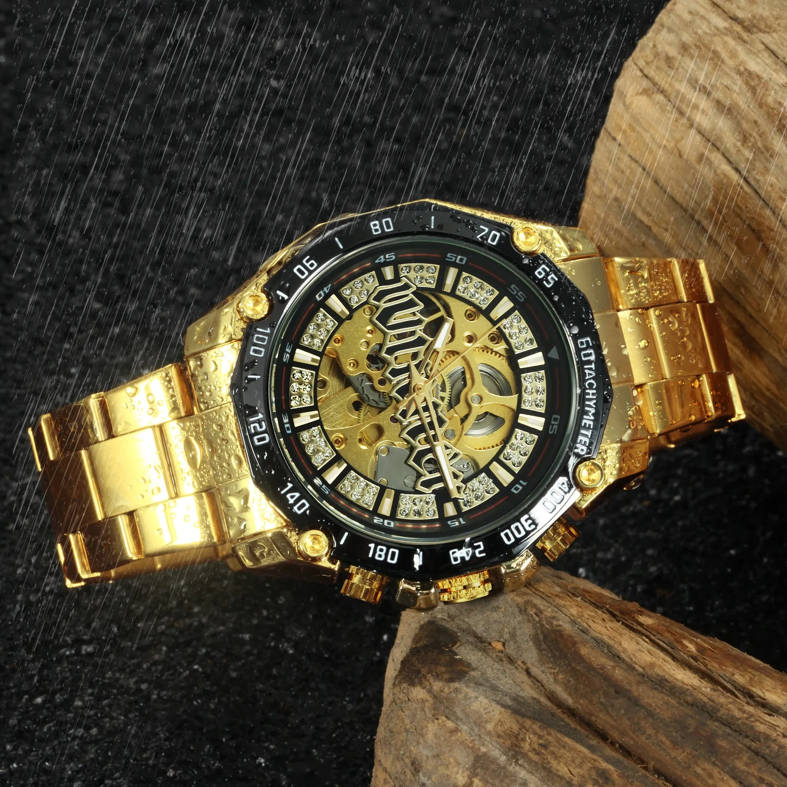 Skup Zwycięzca szkielet automatyczny zegarek mechaniczny mężczyźni diament Iced Out Punk męskie zegarki marki luksusowe złota stal pasek na rękę