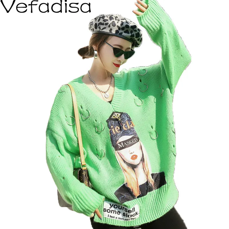 

Vefadisa Autumn Casual Character And Sequined Decoration Pullovers Sweater V-Neck Full Sleeve Thick Woman Sweater 2019 QYF275
