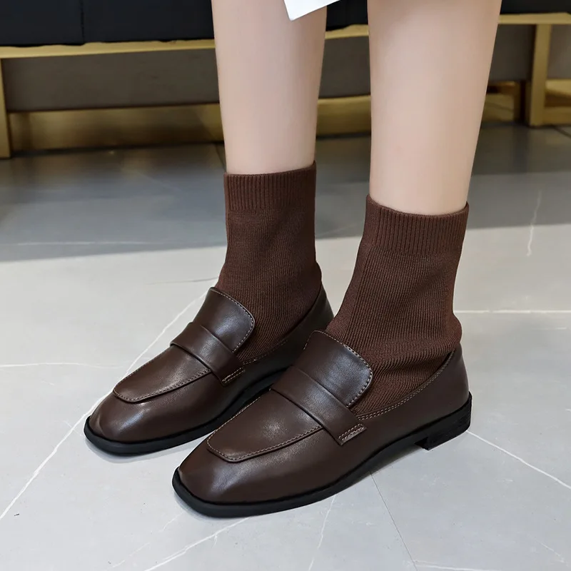 

2019 Autumn New Style Korean-style Slip-on Fly Woven Casual nv pi xue Anti-slip Chunky-Heel WOMEN'S Boots wa zi xie