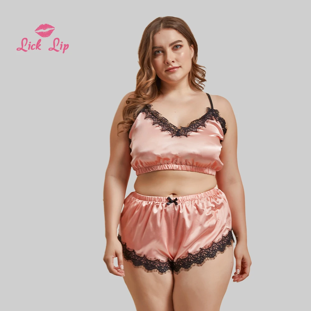 Lick губ розовый большой размер ресниц Кружева атласная ночная рубашка сшивание сплит женские пижамы сексуальный удобный комплект нижнего белья SWD12641-3