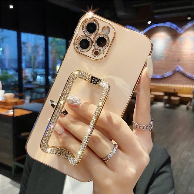 For iPhone 13 Pro Max 11 12 Pro Max 13Pro Case Cover Glitter 3D Crystal Square Holder Gold Plating Phone Metal Holder Stand
