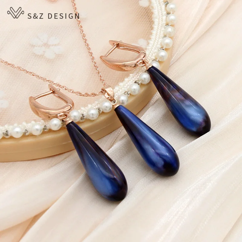 S&Z DESIGN New Fashion 585 Rose Gold Color Water Drop Dangle Earrings Christmas Jewelry Sets For Women Pendant Necklace