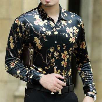 

Flower Print Velvet Shirt Club Party Chemise Homme Party Shirts For Men Shirt Men 2020 New Spring Long Sleeve Designer Shirt