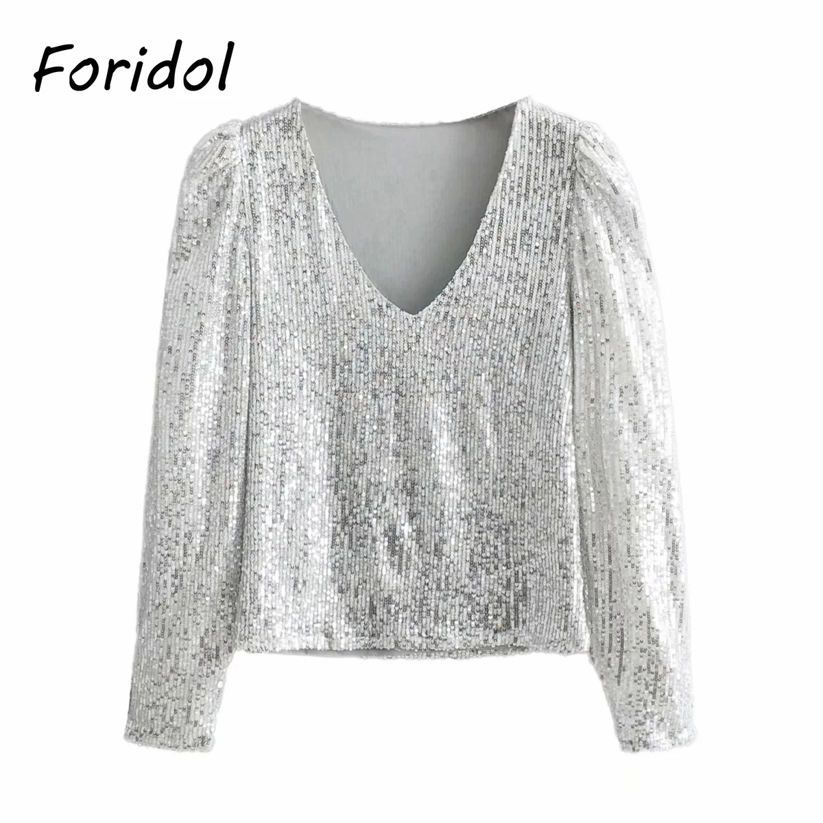 Foridol Puff Sleeve Sequined Blouse 