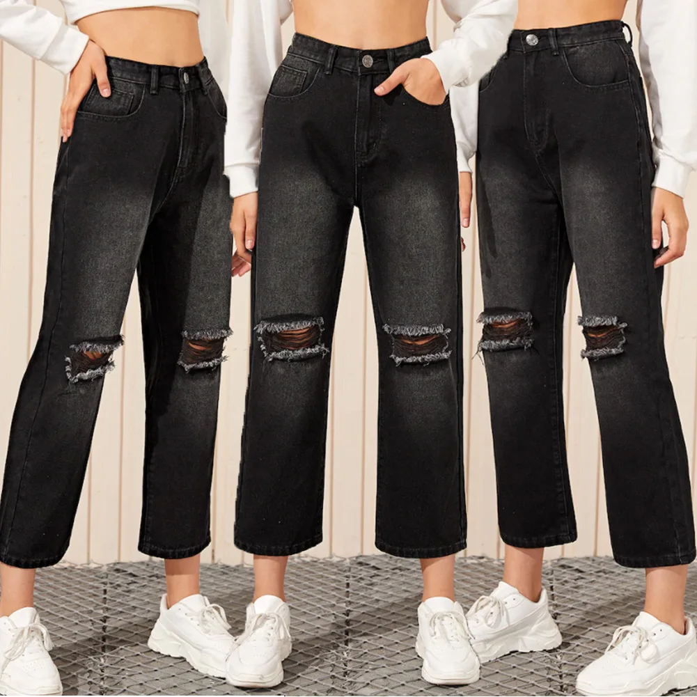 Брендовые новые женские черные прямые широкие джинсовые брюки женские длинные джинсы с высокой талией винтажные рваные джинсы длиной до