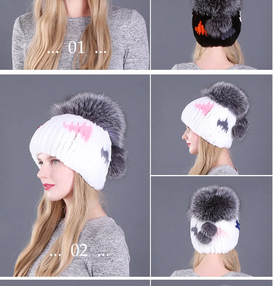 Fur Hat For Female With Luxury Fluffy Ball Russian Hats New Cold Winter Genuine Rabbit Fur New Striped Benies Hats