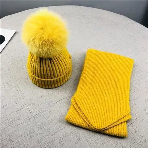 YELLOW Set Fox Ball Милые Детские Девочки помпон зимние наборы шарф шапка натуральный шарик из меха лисы мать дети теплые вязаные шапки бини родитель-Детские шапочки - Цвет: YELLOW Set Fox Ball
