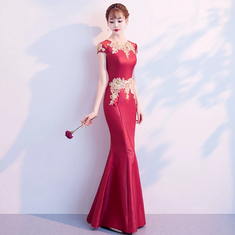 Улучшенная cheongsam тост одежда cheongsam невесты новая длинная юбка-годе красный ведущий сцена китайский стиль вечернее платье женское