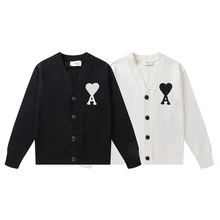 

2021 AMI Korean fashion V-Neck Sweater Pure Color Casual Ladies Cardigan Loose-Fitting Couple Coat Thin Coat All-match coat