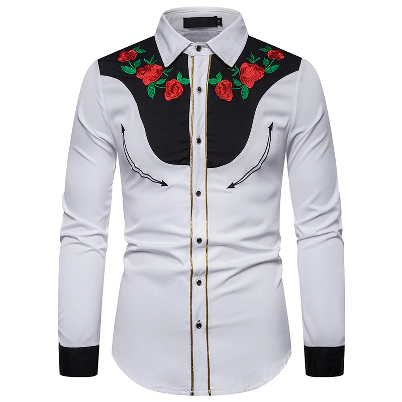 CYXZFTROF nueva Camisa vaquera bordada informal Henry Collar botón abajo camisetas Slim Fit camisa de manga larga Navidad|Camisas de esmoquin| -