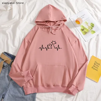 

I Love Cats hoodies Electrocardiogram Cats Harajuku Fashion Graphic Women Funny Slim Cute Girl's sweatshirts pullovers