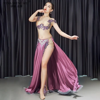 

2020Women Belly Dance Costume Stage Performance Oriental Dance Bra Skirt 3Piece Set Handmade Beaded DancingWear Show Suit outfit