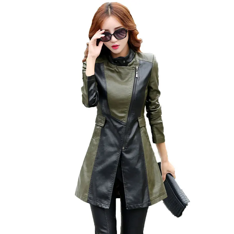 

Motor Vehicle Spring Leather Jacket 2023 Women Autumn Plus Size Slim Ladies Long Outerwear Womens Leather Trench Coat Female 5XL