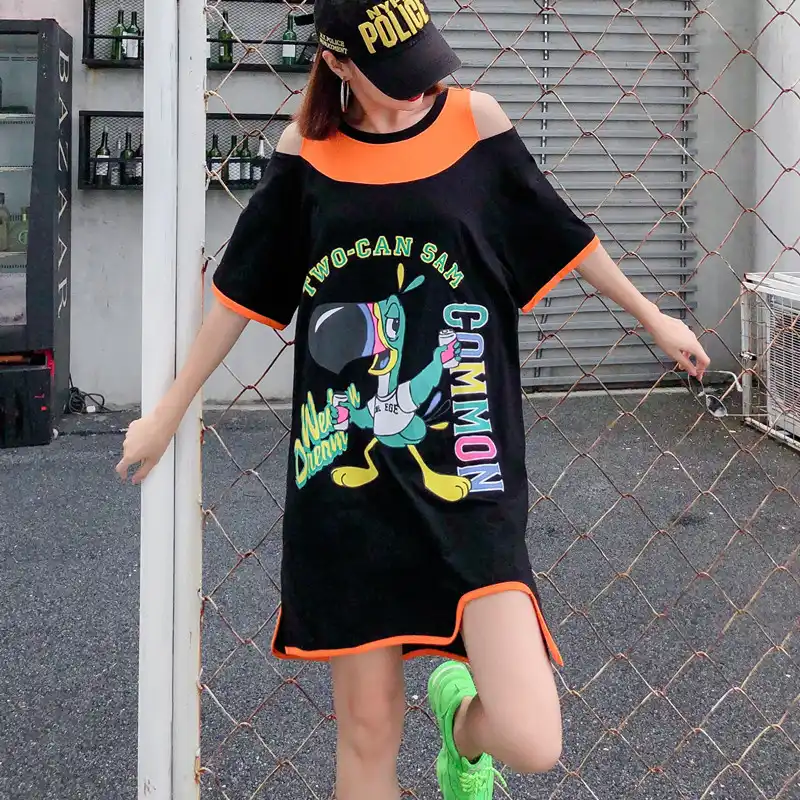 プラスサイズルーズロングtシャツカラーブロックされた漫画半袖ハイストリート不規則なtシャツ Tシャツ Aliexpress