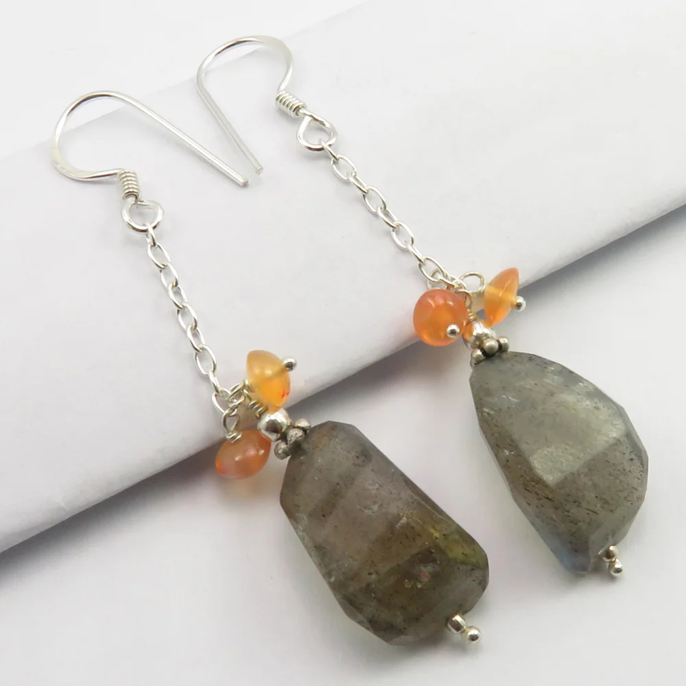 

Multicolor LABRADORITE, CARNELIAN Beads Earrings 2.2" Silver Stone Gift