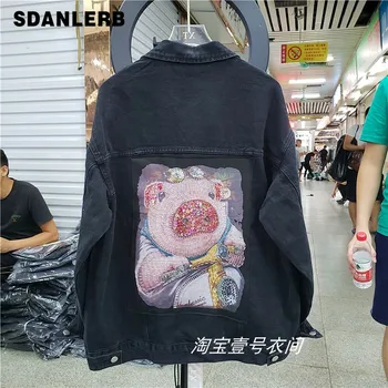 

2019 Spring Autumn Embroidered Beaded Sequins Pig Denim Jacket Women New Fashion Short Outfits Female and Male Streetwear Jacket