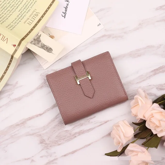 Genuine Leather Women Luxury Lychee Pattern Wallets Long Brand Zipper Coin Purses Female Solid Colors Hasp Thin Clutch Phone Bag Short Dark Pink