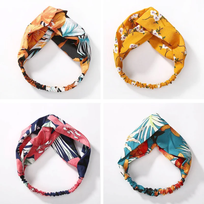 

Fashionable Headband Women Flowers Printed Spring Autumn Cross Knot Elastic Hair Bands Soft Girls Hair Bands Accessories