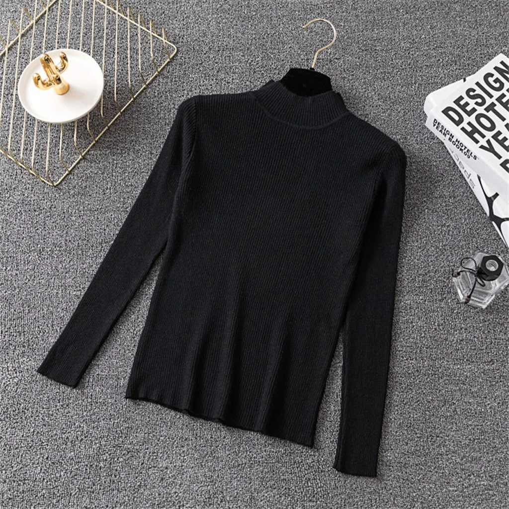 Fashion Blouse Women Top Korean Harajuku Long-sleeved Knitting Shirt  Solid Color Slim Semi-High Collar Elegant Shirts 826