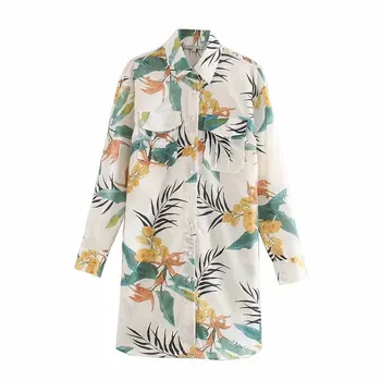 

2020 new Spring Summer European streetwear Leaf Print female Shirt zaraing vadiming sheining Women's Printed Shirt O9579