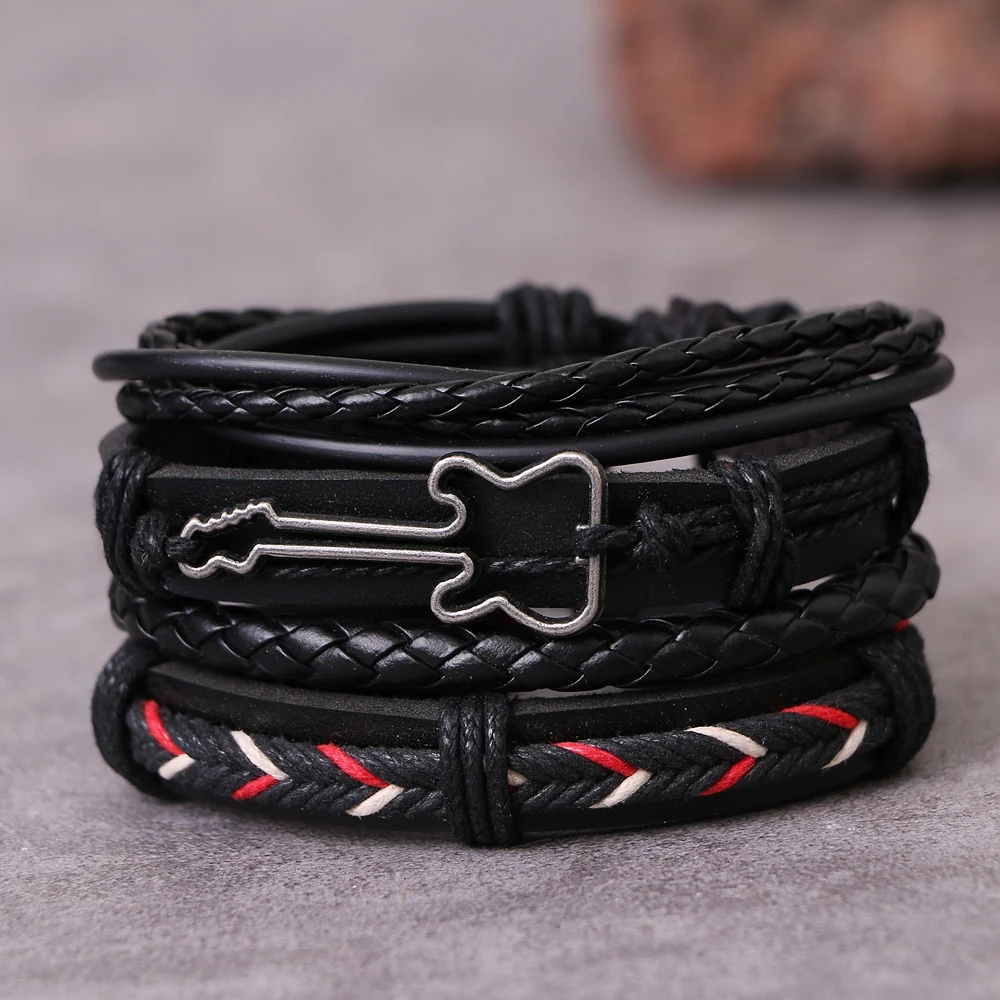 Guitar Cross Leaf Charm Weave Leather Bracelets 4 Pcs/set For Men Women Homme Femme Male Jewelry leather braided bracelet leather bracelet charm bracelet