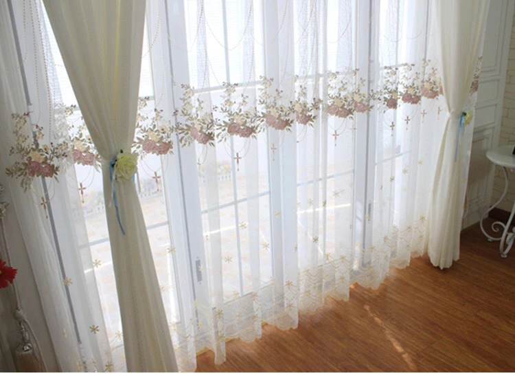 Pastoral Luxury Lace Blue Embroidered Curtains Sheer For Living Room Pink Romantic Princess Window Screen Kitchen Tulle Drapes