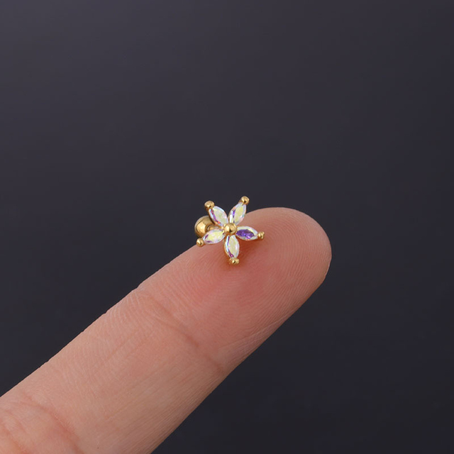 Popular Colorful Zircon Flower Warrings Piercing Ear Cartilage Earring  Gem Crystal For Women Girls Body Jewelry