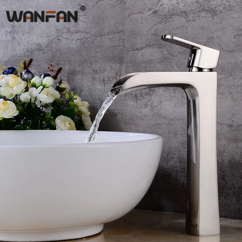 

Bathroom Waterfall Brushed Nickel Basin Faucets Single handle High Style Basin Mixer Bath Faucet Brass Sink Taps S79-385