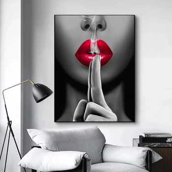 

Sexy Red Lips Canvas Painting Girl Smoking Posters and Prints Cuadros Modern Wall Art Pictures for Living Room Home Decoration
