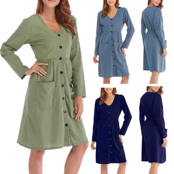 

Autumn Winter Dress Solid Long Sleeve V-Neck Single-breasted Women Dress Fashion Pockets Plus Size Casual Vestidos Cotton Robe