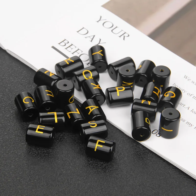 Черные Ониксовые Подвески с буквами, цилиндрические бусины, 26 букв алфавита, незакрепленные бусины, подвески для самодельных ювелирных изделий, браслетов