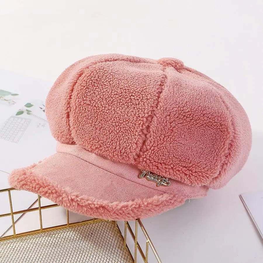 COKK женская шапка из овечьего меха, зимняя Толстая теплая восьмиугольная кепка Newsboy, шапка художника, Женская корейская мода, винтажный капот берет, новинка - Цвет: Pink