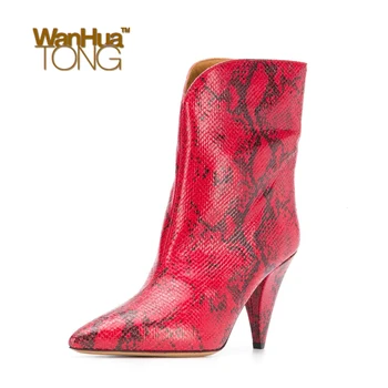 

Wanhuatong Snake Skin Pattern Sexy Fashion Business Daily Spike Heel Pointed Toe Mid-Calf Heeled Boots