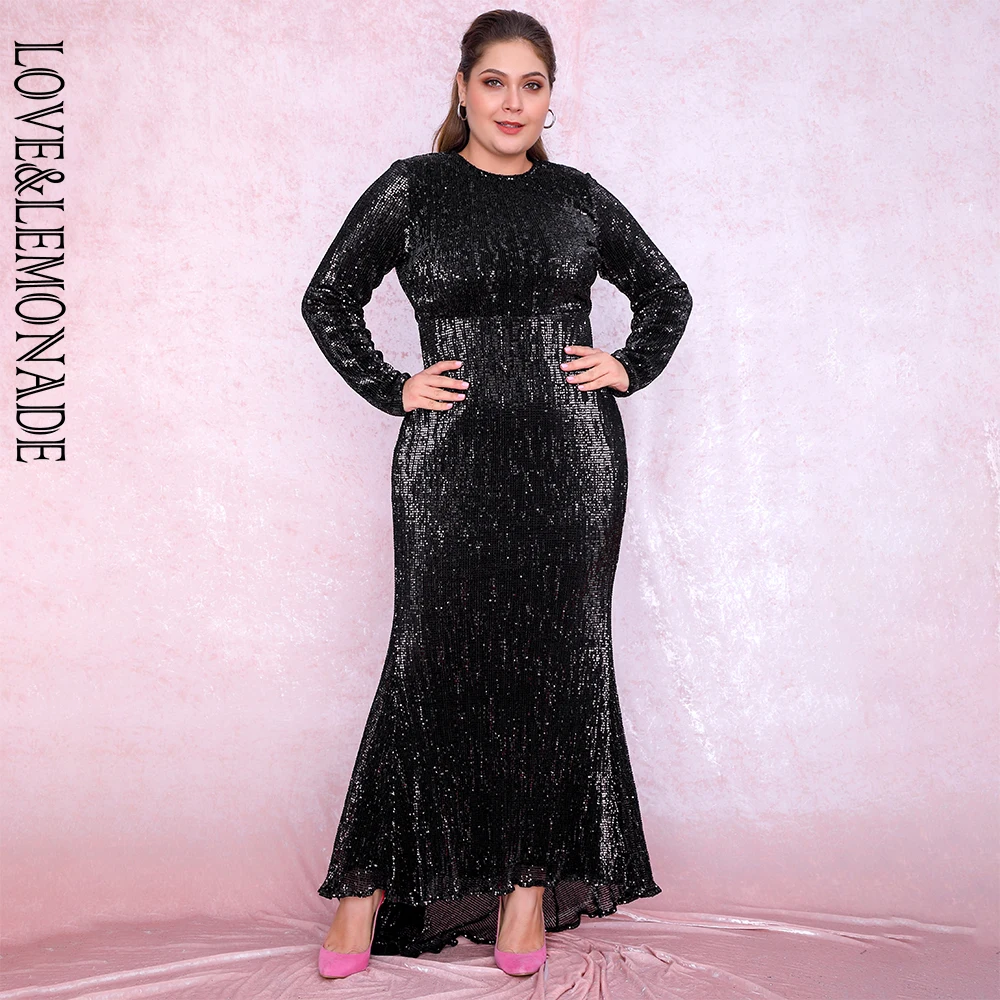 Love& Lemonade сексуальное черное платье больших размеров с 0-образным вырезом, эластичные Плиссированные Блестки, вечерние платья в форме рыбьего хвоста LM81320PLUS, осень/зима