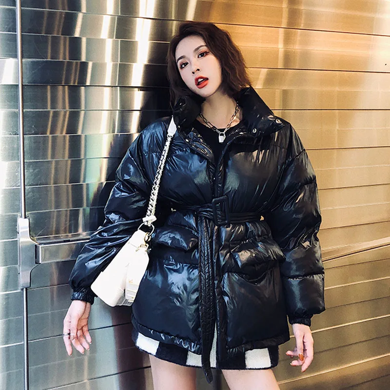 black coat Тонкая Модная парка с хлопковой подкладкой, Femme Hiver с поясом, корейские теплые женские парки, пальто, повседневное зимнее пальто, куртка, уличная одежда - Цвет: black coat