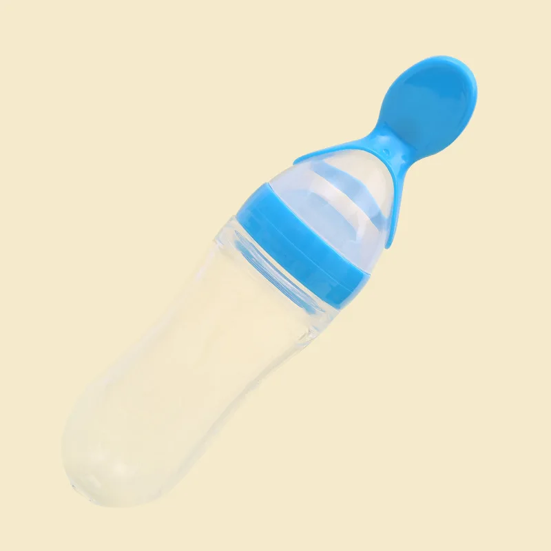 Безопасность для младенцев силиконовые кормления с ложкой Фидер еда риса бутылочка для каши - Цвет: Синий