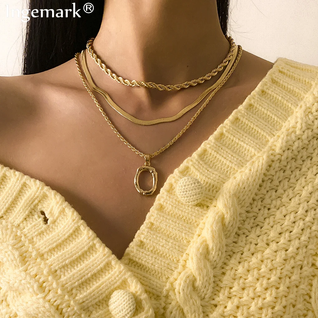 3 Pièces/ensemble Vintage Plat Vaporeux Serpent Chaîne Collier 2021 Mode Cercle Pendentif Torsadé Lien Charme Boho Femmes Bijoux Accessoires