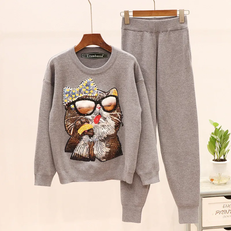 

2019 Autumn Women high quality sequins cat pattern sweaters + casual pants two piece set Chic women's comfort pantsuit A922