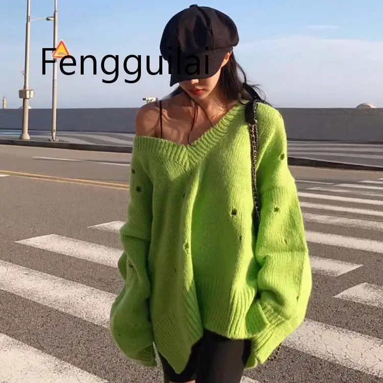 Hollow V Neck Pullover Oversized Sweater Women Lazy Oaf Cashmere White Yellow Green Autumn Korean Style Sueter Invierno 2019 | Женская