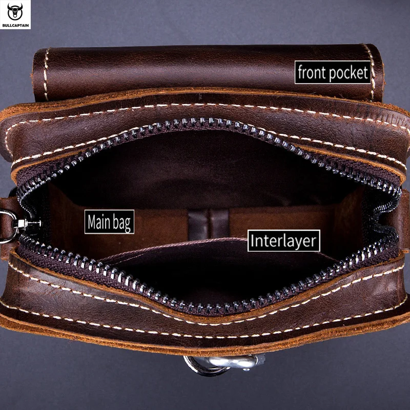 BULLCAPTAIN100% Crazy horse leather Male Waist Pack Phone Pouch Bags Waist Bag Men's Small chest Shoulder Belt Bag back pack075
